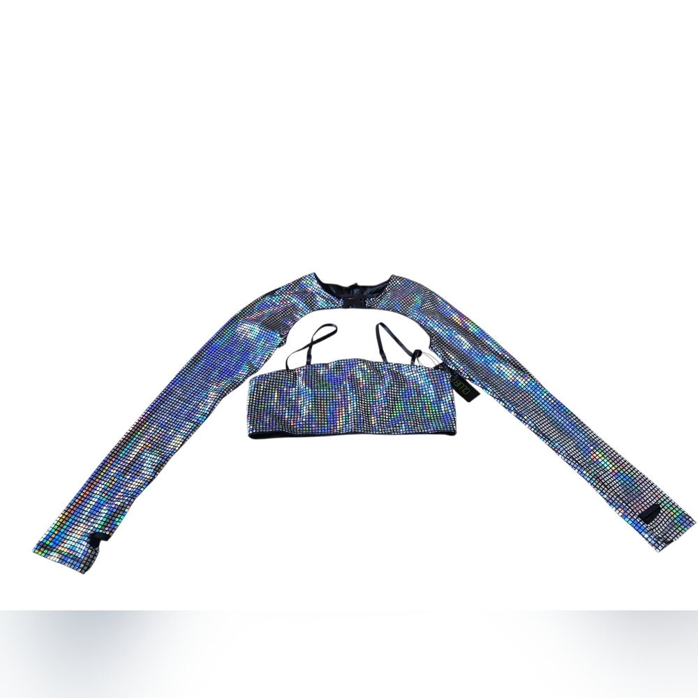 NWT Club Exx Reflective 2 Piece Bra & Sleeves Rave Wear Set Size XL